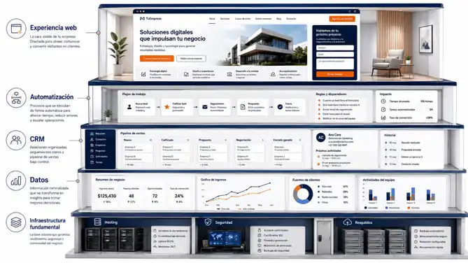 Infraestructura digital para empresas con web, CRM, automatización, datos y sistemas conectados